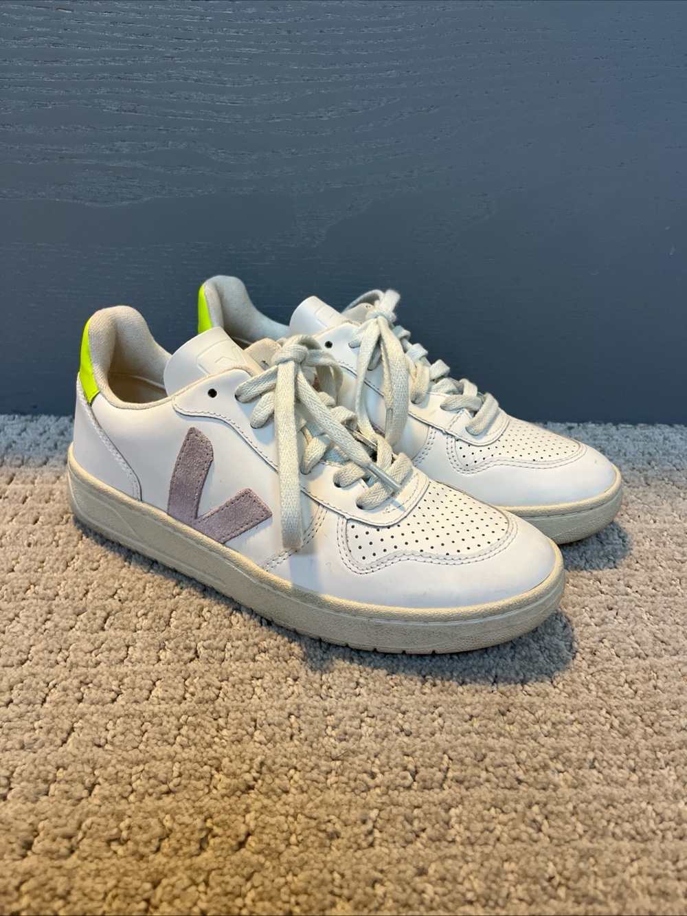 Veja X Madewell V-10 White Sneakers with Pink V and Neon Yellow Heel Tab